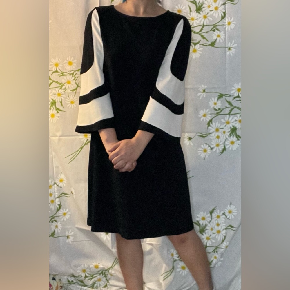 NORDSTROM MUSE black white abstract wide statement sleeves sheath midi dress - Picture 2 of 8